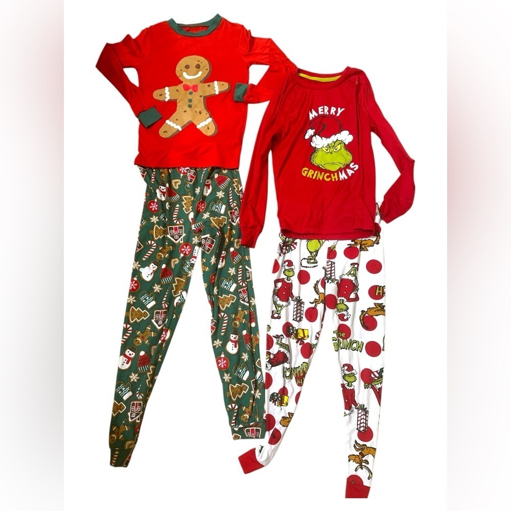 Kids Holiday Pajama Bundle - Size 8 (2 Full Sets) Gingerbread & Grinch Themes! - Picture 1 of 7